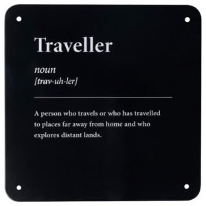 Traveller Definition Wall Plaque – 20 × 20 cm Black Metal Wall Sign